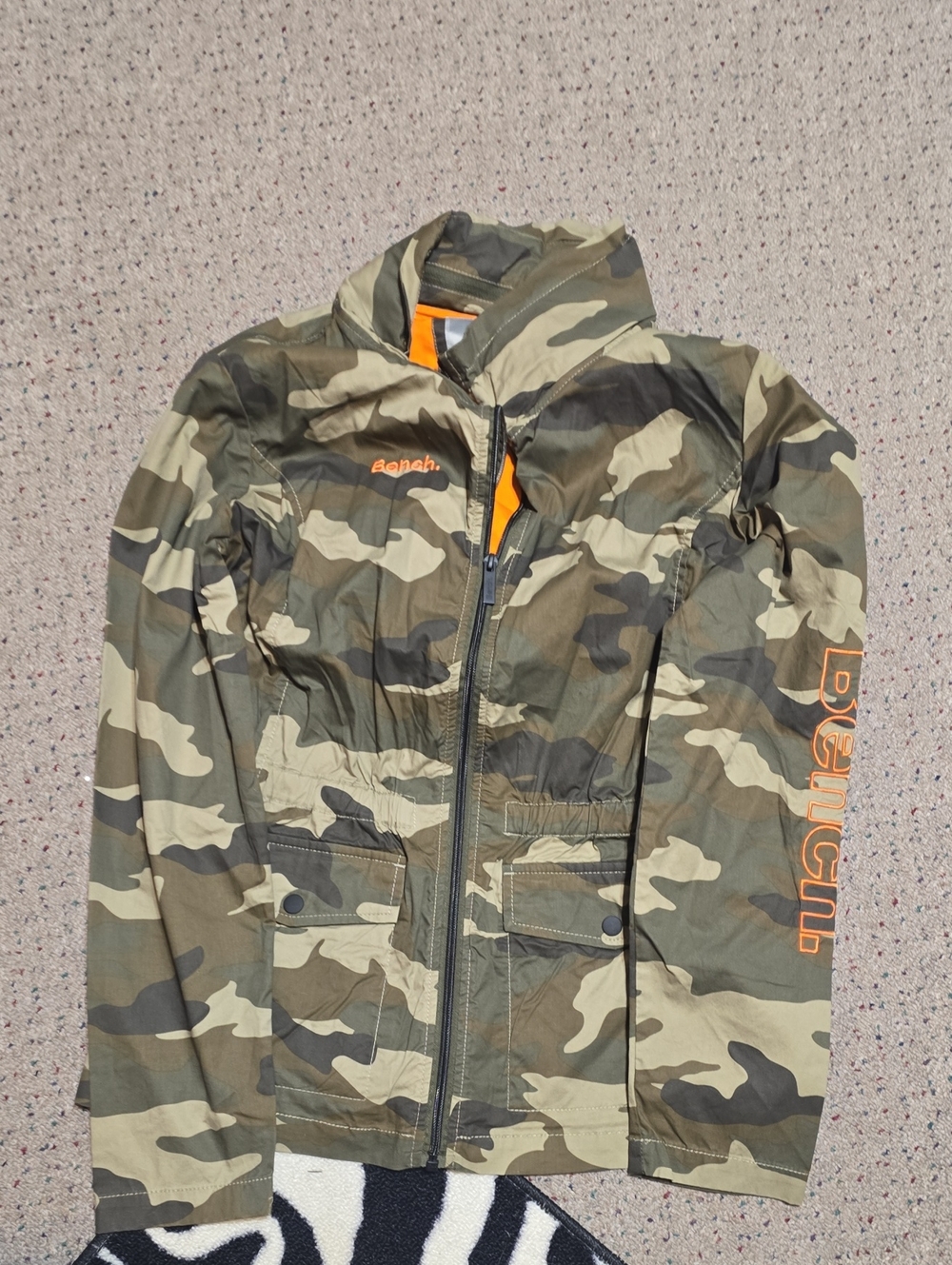 Bench Women Camo Rain Jacket - Green & Beige with Orange Detail